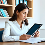 A professional adult woman, fully clothed in a modest business casual outfit, sitting at a clean, organized desk in a bright, modern home office. She is attentively looking at an open finance textbook or a tablet displaying simple investment concepts. The background includes a neatly arranged bookshelf and a framed abstract graph. The scene is well-lit with natural light, creating a calm and inviting atmosphere. Perfect anatomy, correct proportions, natural pose, well-formed hands, proper finger count, natural body proportions. Professional photography, high-resolution, detailed, safe for work, appropriate content, family-friendly, professional dress.