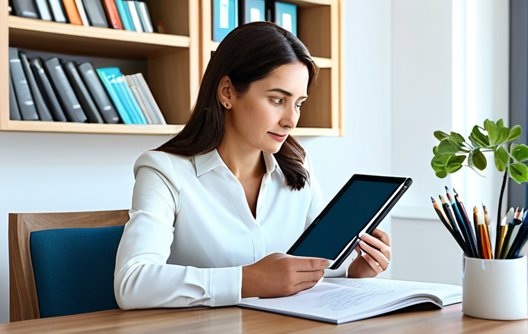 A professional adult woman, fully clothed in a modest business casual outfit, sitting at a clean, organized desk in a bright, modern home office. She is attentively looking at an open finance textbook or a tablet displaying simple investment concepts. The background includes a neatly arranged bookshelf and a framed abstract graph. The scene is well-lit with natural light, creating a calm and inviting atmosphere. Perfect anatomy, correct proportions, natural pose, well-formed hands, proper finger count, natural body proportions. Professional photography, high-resolution, detailed, safe for work, appropriate content, family-friendly, professional dress.