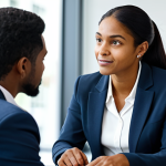 A diverse professional mentor and mentee, fully clothed in modest business attire, engaged in a focused discussion at a modern, well-lit office. The mentor gestures towards a laptop screen, guiding the mentee who is attentively listening. The scene emphasizes mutual respect and a collaborative learning environment. Professional photography, natural lighting, high resolution, soft focus background, realistic details. safe for work, appropriate content, fully clothed, professional, perfect anatomy, correct proportions, natural pose, well-formed hands, proper finger count, natural body proportions.