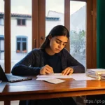 초보자를 위한 재무 상태 점검 체크리스트 - **Prompt:** A young Portuguese woman, in her late 20s, sits at a wooden desk in a warm, naturally li...
