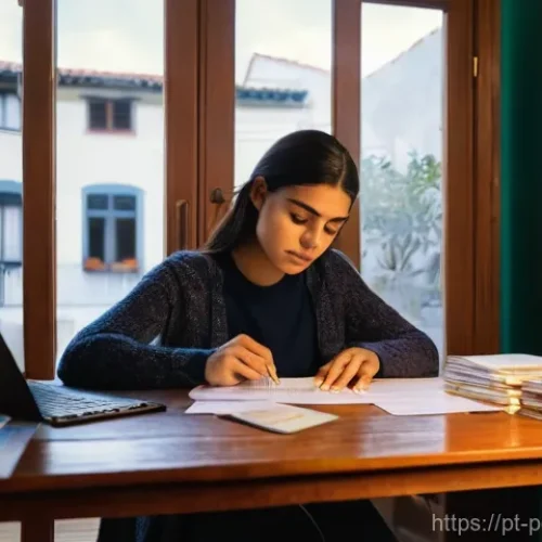 초보자를 위한 재무 상태 점검 체크리스트 - **Prompt:** A young Portuguese woman, in her late 20s, sits at a wooden desk in a warm, naturally li...