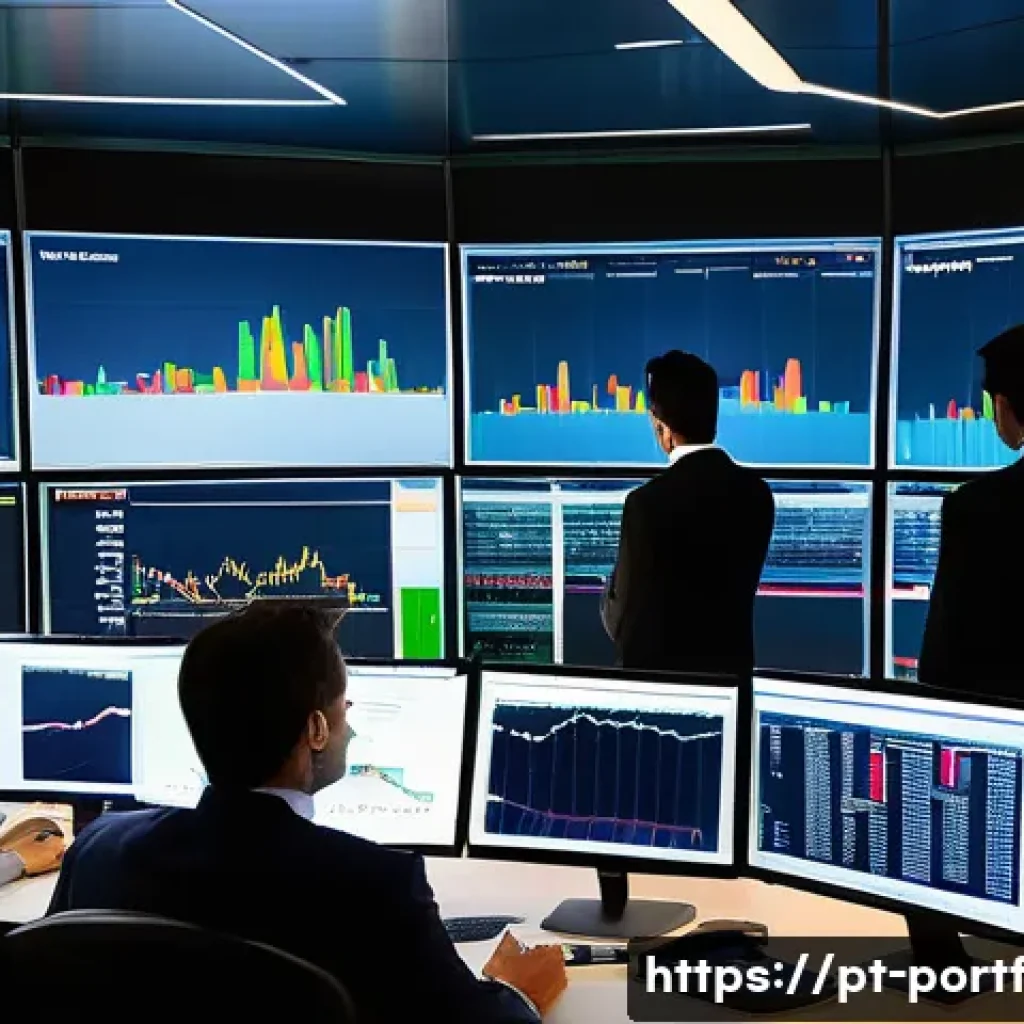 주식 시장에서의 기회 포착하기 - A detailed and vibrant office scene showcasing a diverse group of professional Brazilian investors a...