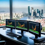Home 21 안전한 투자 포트폴리오 구축하기 - A modern financial advisor's workspace in a sleek office overlooking São Paulo’s skyline, featuring ...