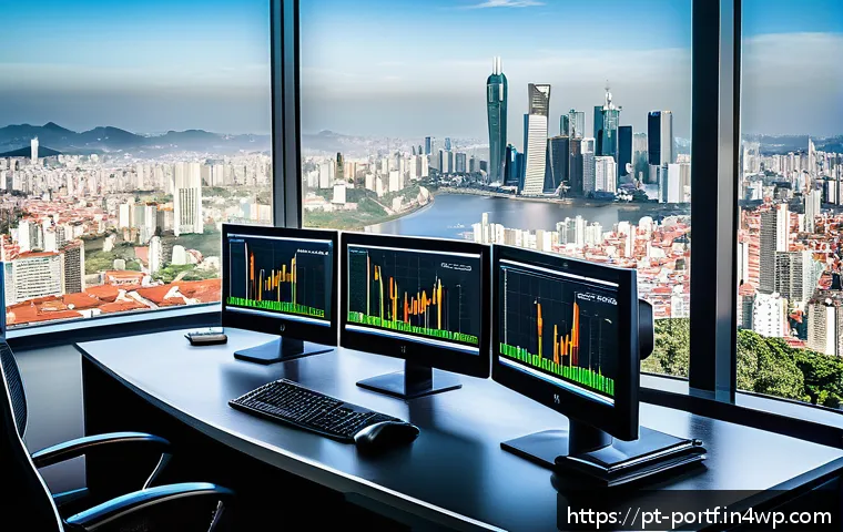 안전한 투자 포트폴리오 구축하기 - A modern financial advisor's workspace in a sleek office overlooking São Paulo’s skyline, featuring ...