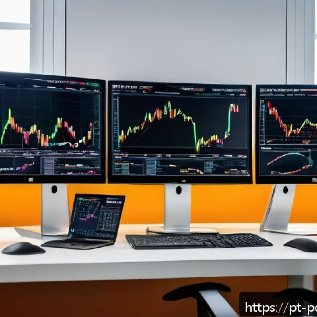 투자 포트폴리오의 위험도 평가 - A detailed financial analyst&rsquo;s workspace showing multiple computer screens with colorful graphs and ...