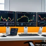 Home 20 투자 포트폴리오의 위험도 평가 - A detailed financial analyst’s workspace showing multiple computer screens with colorful graphs and ...