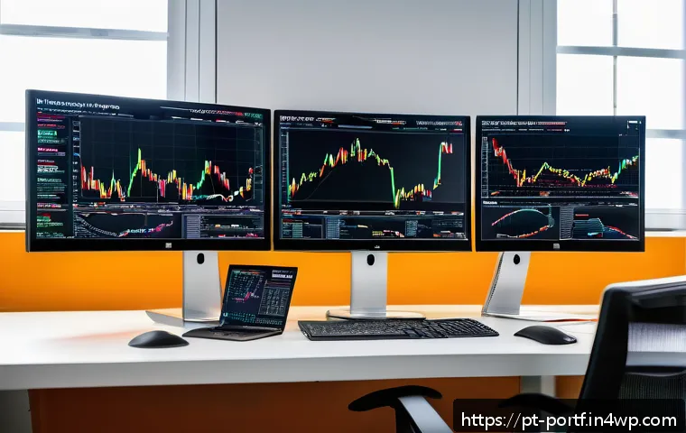 투자 포트폴리오의 위험도 평가 - A detailed financial analyst’s workspace showing multiple computer screens with colorful graphs and ...