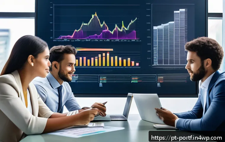 투자 성향 진단과 포트폴리오 선택 - A modern Brazilian office scene showing a diverse group of young professionals gathered around a sle...