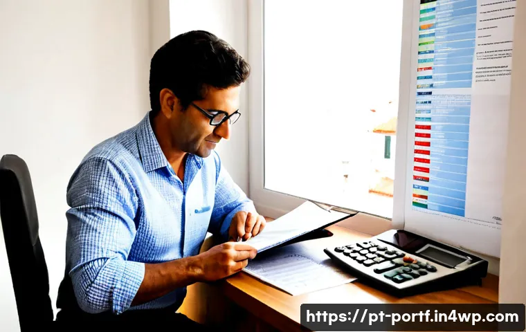 주식 시장에서의 가치 투자 접근법 - Photorealistic value investing scene in a bright Lisbon home office, thoughtful middle-aged Portugue...